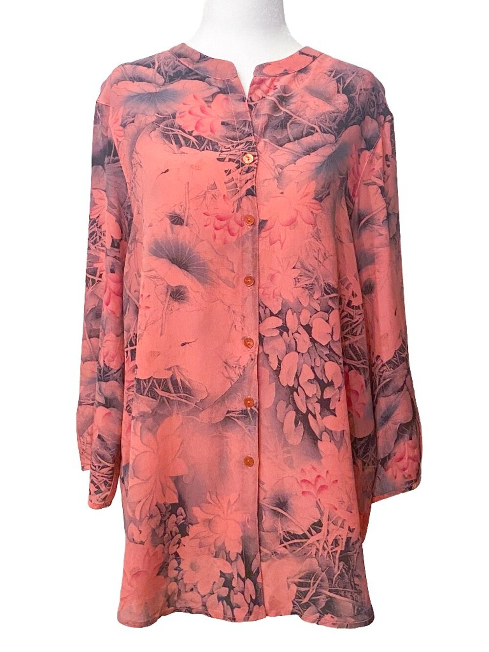 TIANELLO 100% Silk Bobbie Blouse M Coral Pink Floral Lotus Leaf Henley Tunic Top